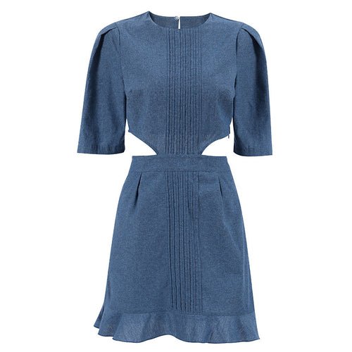 2023 Woman Chic Elegant Waist Cut Out Mini Denim Dress Vintage Casual - lobbol