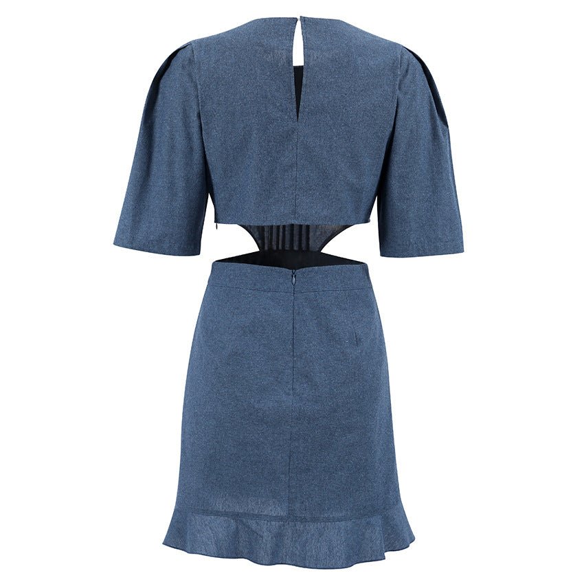 2023 Woman Chic Elegant Waist Cut Out Mini Denim Dress Vintage Casual - lobbol