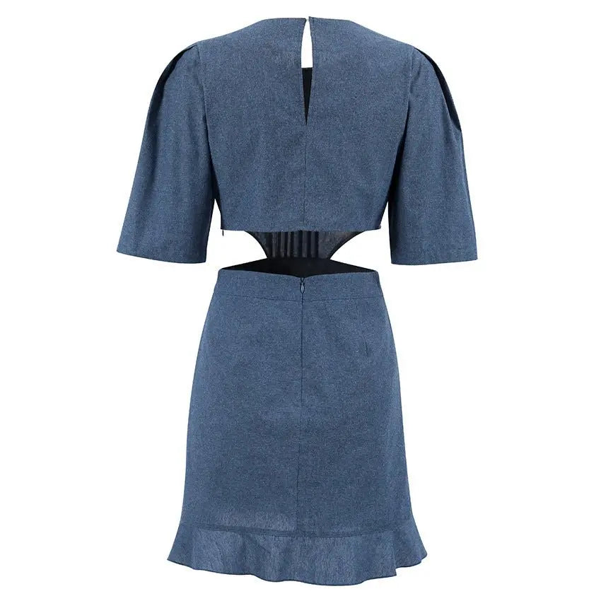 2023 Woman Chic Elegant Waist Cut Out Mini Denim Dress Vintage Casual - lobbol