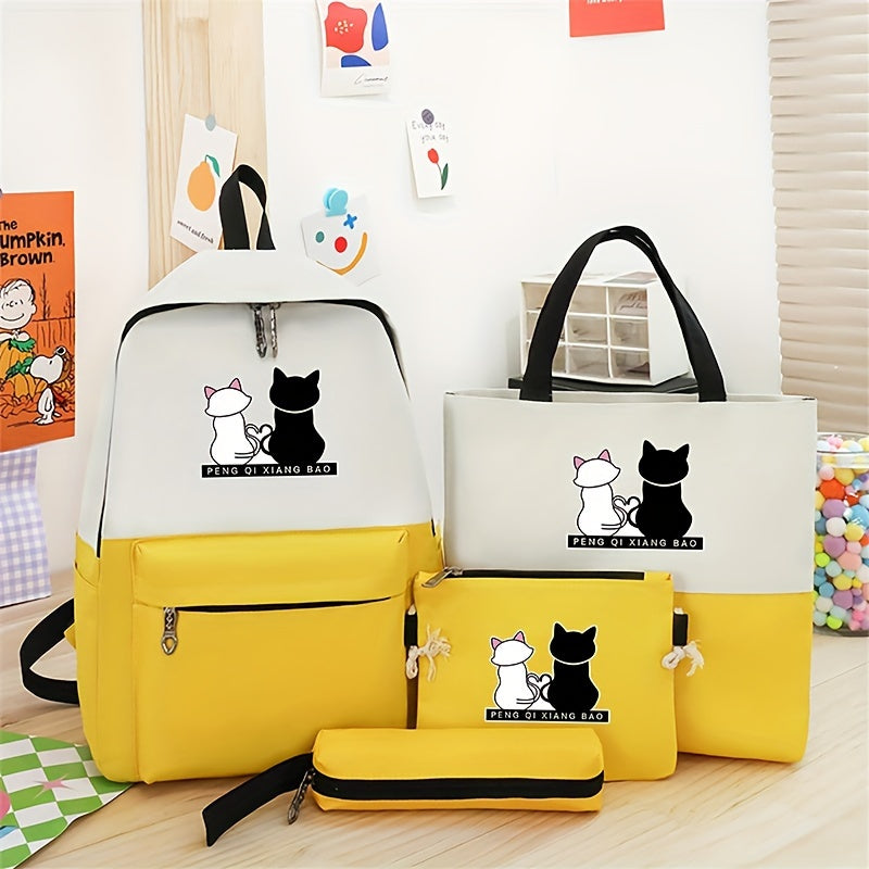 Cartoon Cat Print Contrast Color Backpack With Matching Tote, Pencil Case & Wallet, Durable Travel And School Bag Combo