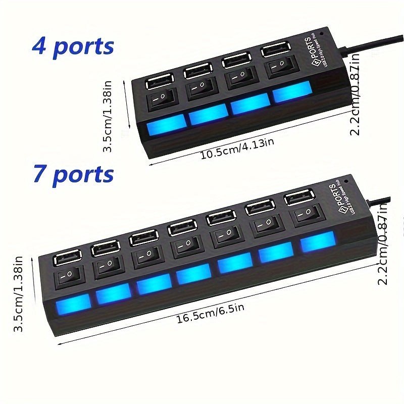 7 Ports/ 4 Ports LED USB 2.0 Adapter Hub Power On/ Off Switch For PC Laptop Computer - lobbol