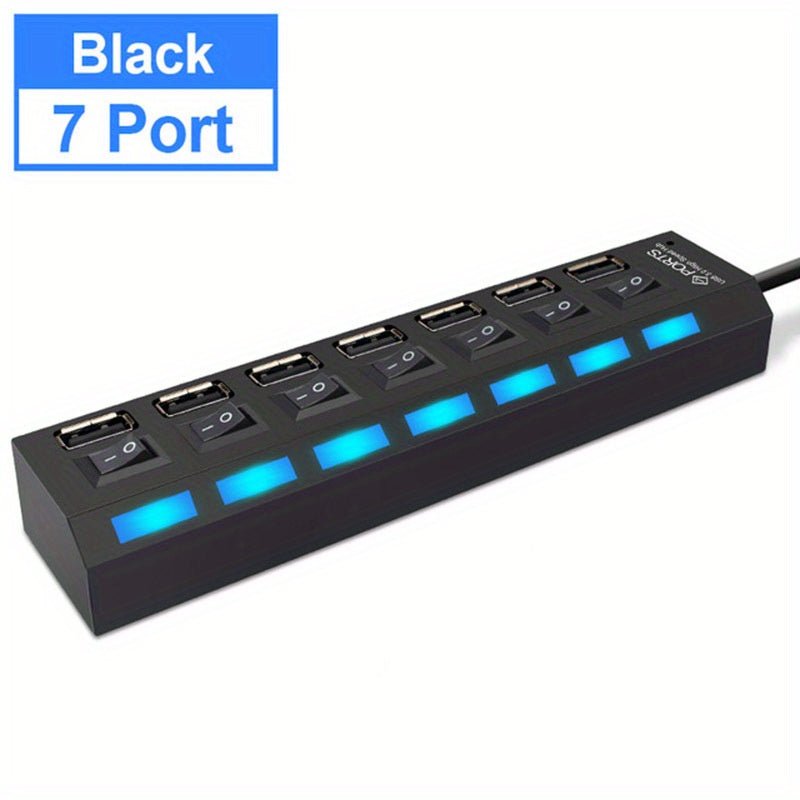 7 Ports/ 4 Ports LED USB 2.0 Adapter Hub Power On/ Off Switch For PC Laptop Computer - lobbol