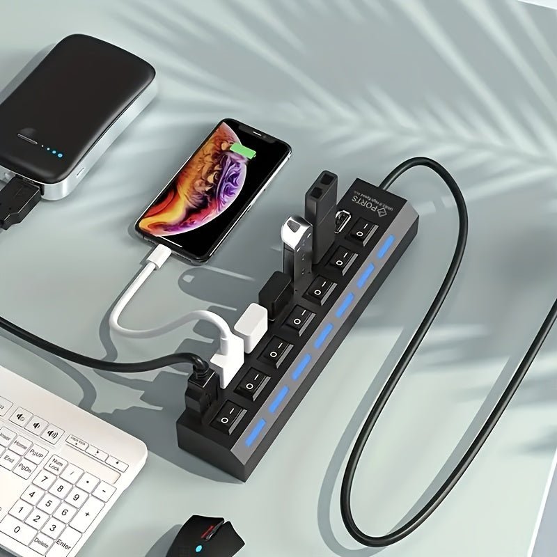 7 Ports/ 4 Ports LED USB 2.0 Adapter Hub Power On/ Off Switch For PC Laptop Computer - lobbol