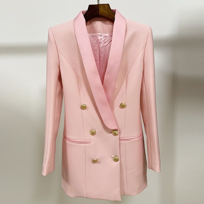 Blazer largo de satén con doble botonadura para mujer - lobbol