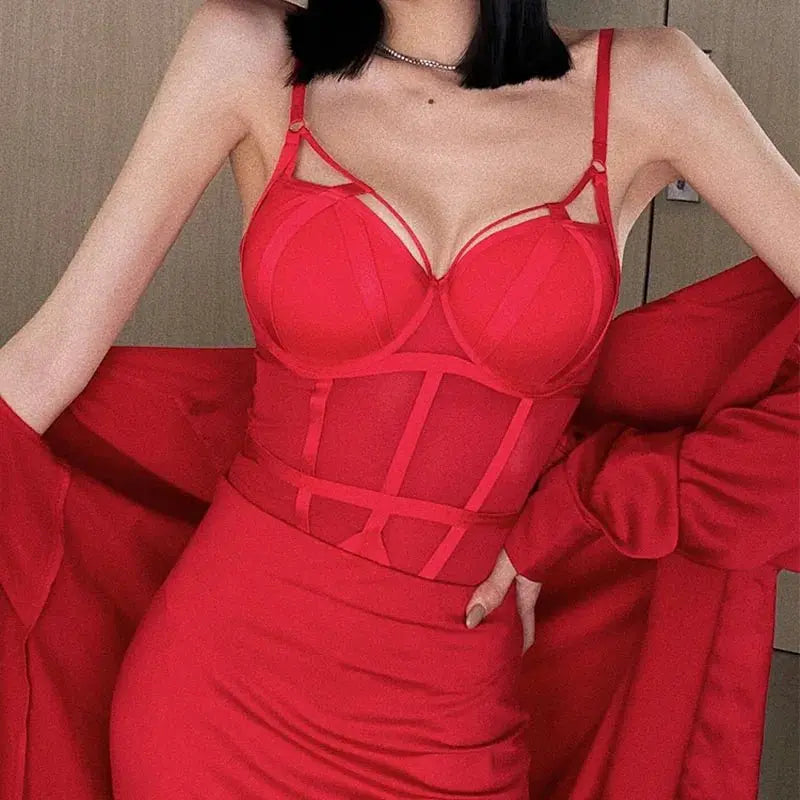 Body francés para mujer, conjunto de sujetador de realce de encaje Sexy, vendaje clásico de malla transparente, ropa interior ajustada, monos calados tentación - lobbol