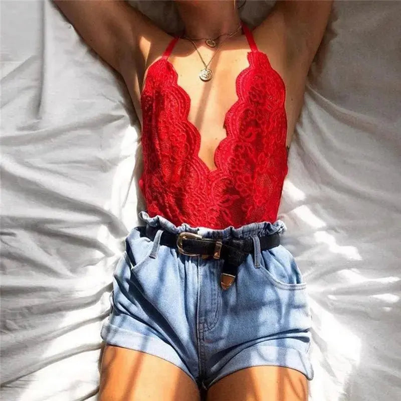 Body Sexy con espalda descubierta para mujer, Tops ajustados sin mangas, pantimedias ajustadas de calle, leotardo de encaje con cuello en V para mujer 2024 - lobbol