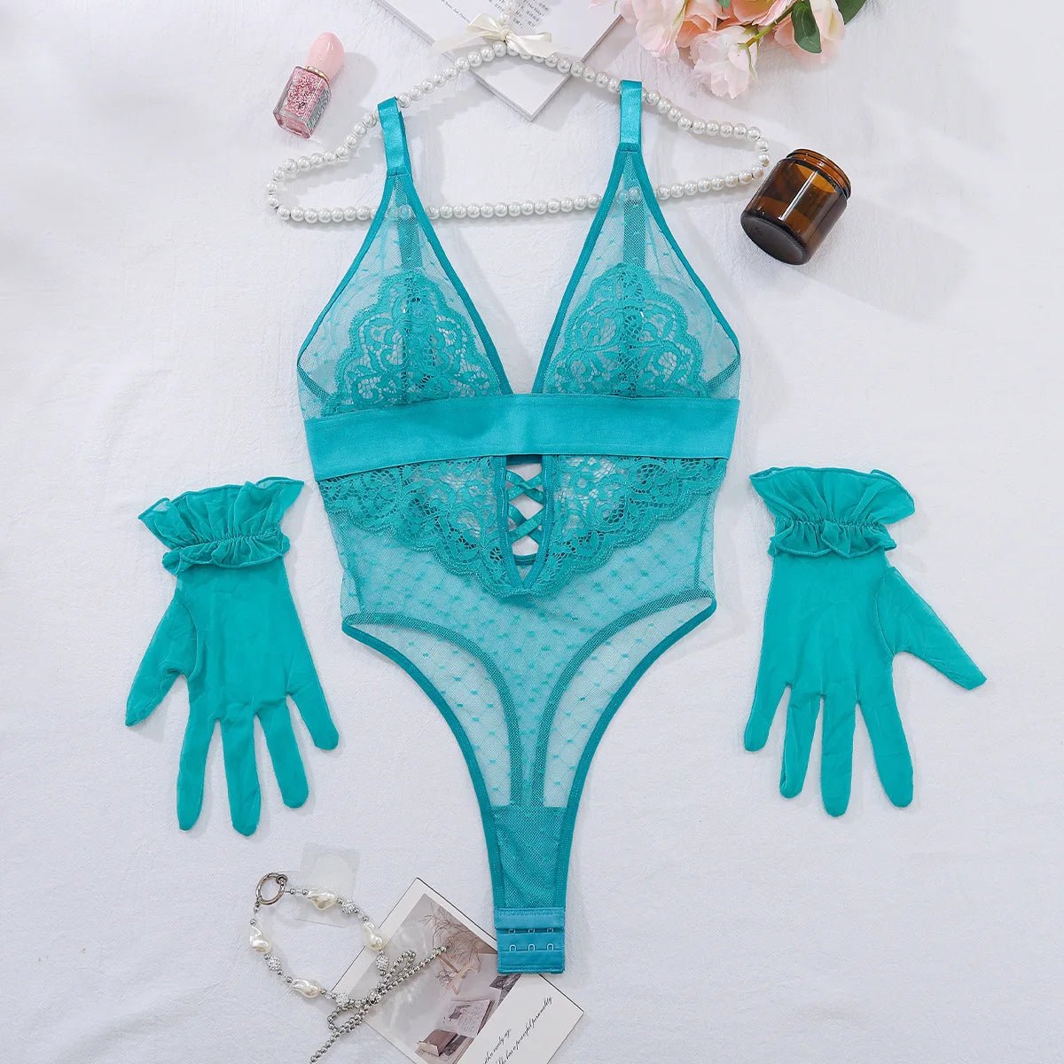 Body Sexy de malla de lunares con bordado de flores, guante de encaje con espalda descubierta, tirantes en V profundo, monos sin mangas, encantador e informal LE4A - lobbol