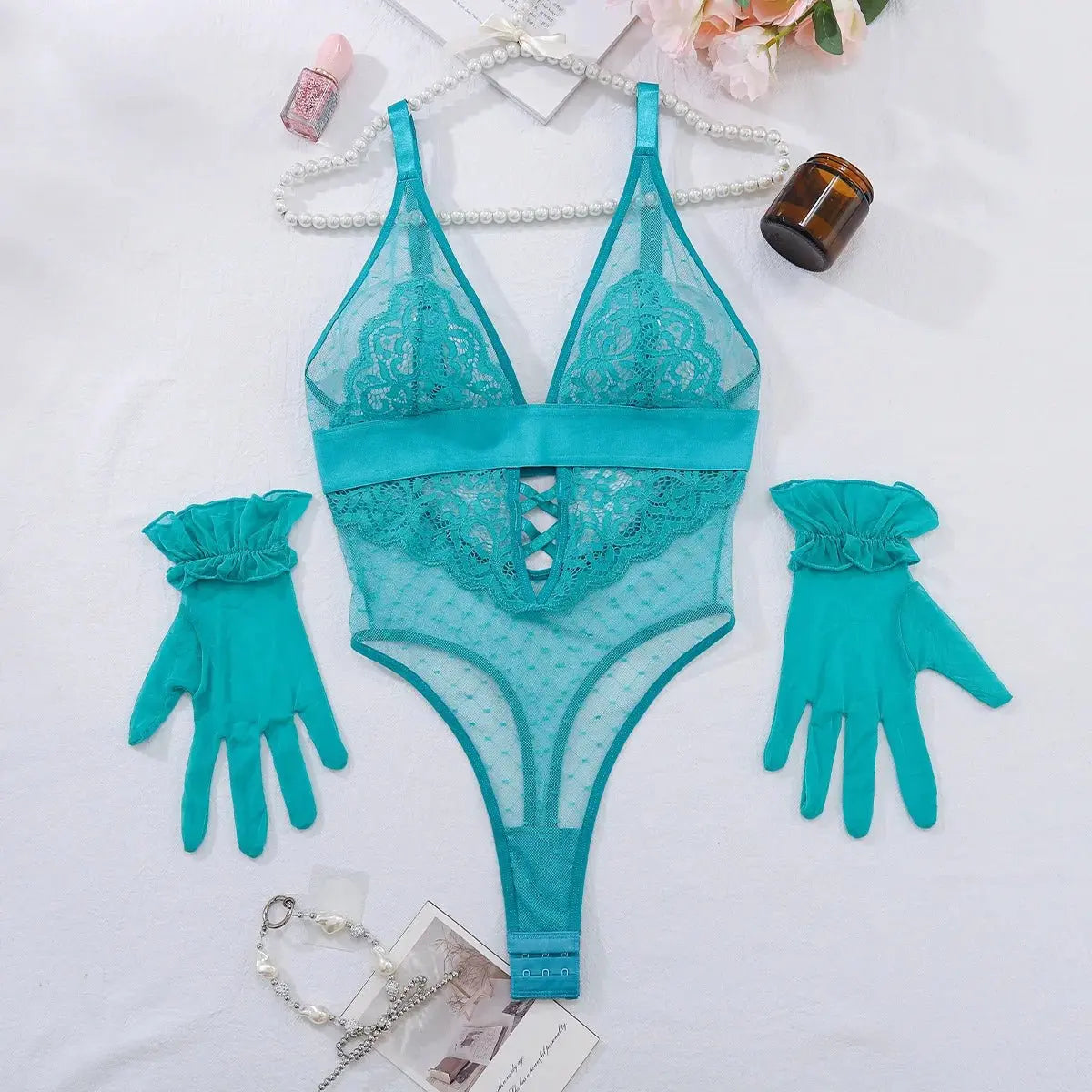 Body Sexy de malla de lunares con bordado de flores, guante de encaje con espalda descubierta, tirantes en V profundo, monos sin mangas, encantador e informal LE4A - lobbol