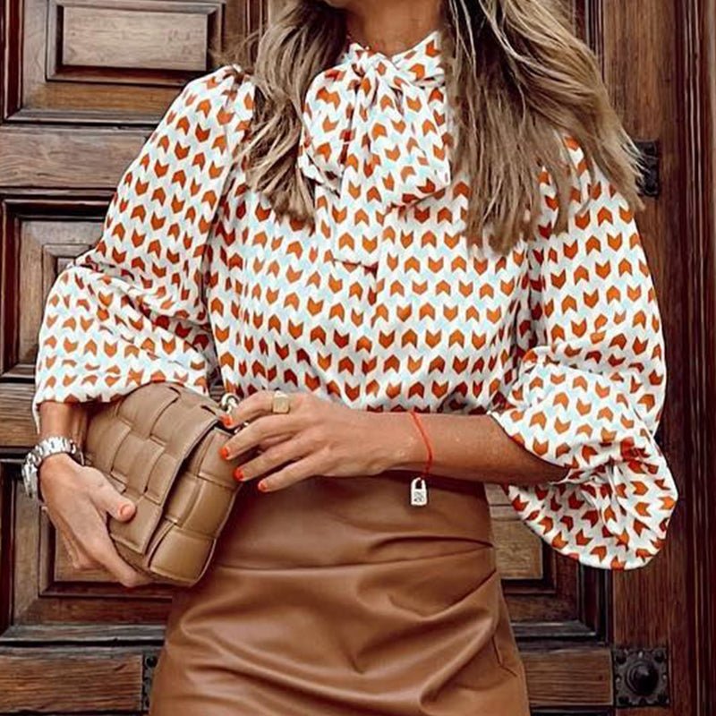 Bowknot Blouse Geometry Print Commuter Shirt - lobbol