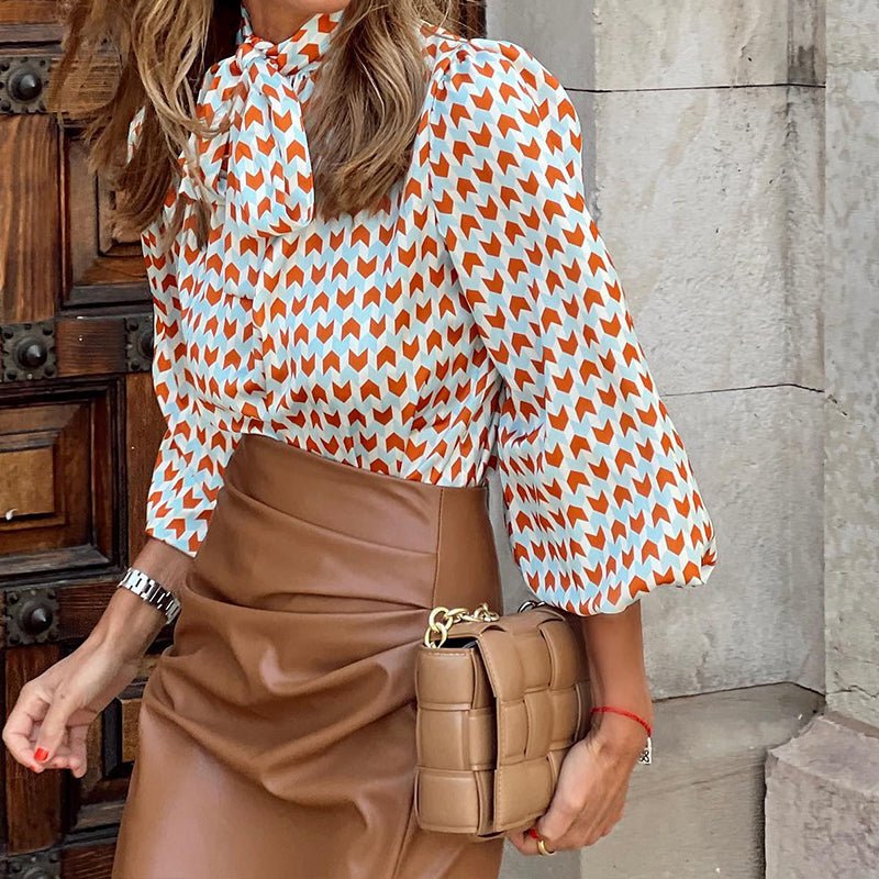 Bowknot Blouse Geometry Print Commuter Shirt - lobbol