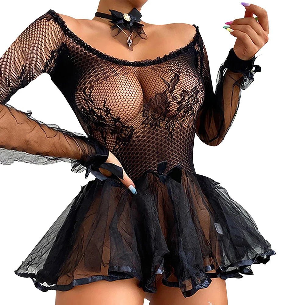 PYL - Camisón de encaje transparente para mujer, lencería Sexy, minivestido, ropa de dormir, ropa interior, leotardo de peluche - lobbol