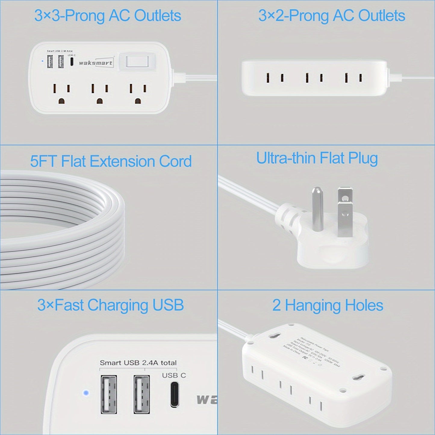 Regleta con protector contra sobretensiones de enchufe plano, cable de extensión ultrafino de 152,4 cm con cargador de pared 3 USB (1 USB C). - lobbol