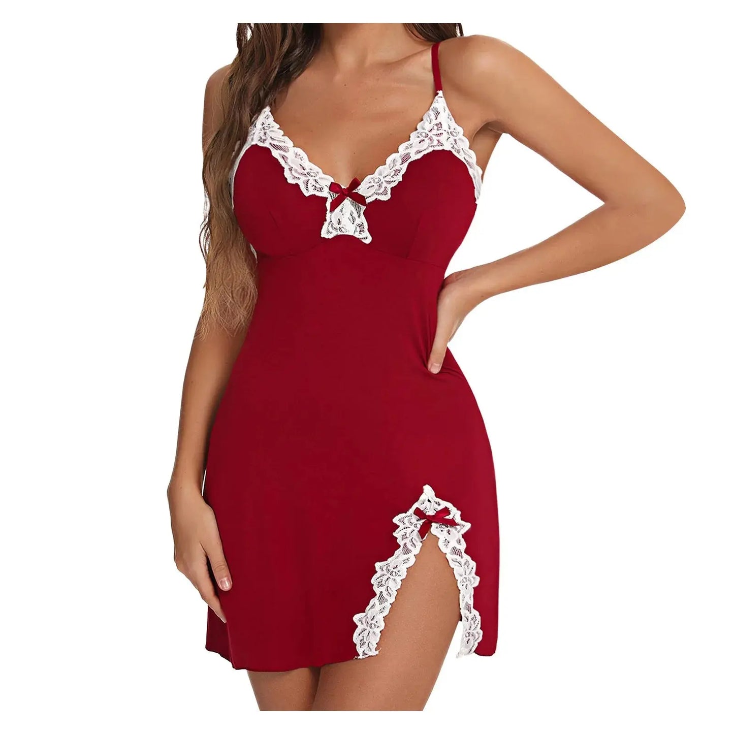 Ropa de dormir Sexy para mujer, camisón de satén de seda con encaje y cuello en V, dobladillo dividido, lencería suave, vestido de noche sin mangas, ropa de dormir femenina - lobbol