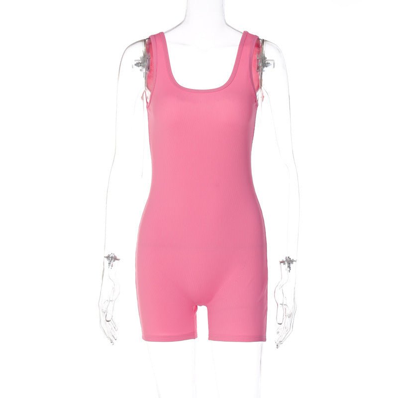 Solid Color U - neck Bodycon Backless Jumpsuit - lobbol