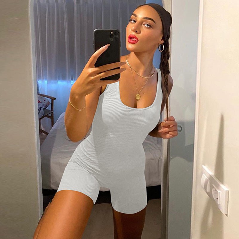 Solid Color U - neck Bodycon Backless Jumpsuit - lobbol