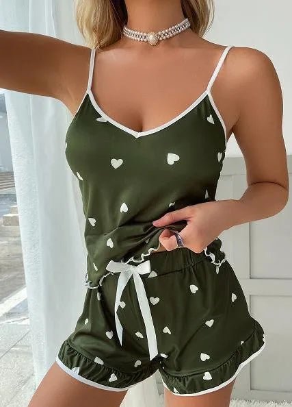 Two Piece Set Ladies Summer Ice Silk Camisole Shorts Pajamas Women's Fashion Soft Sexy Cute Floral Elastic Suspenders Homewear - lobbol