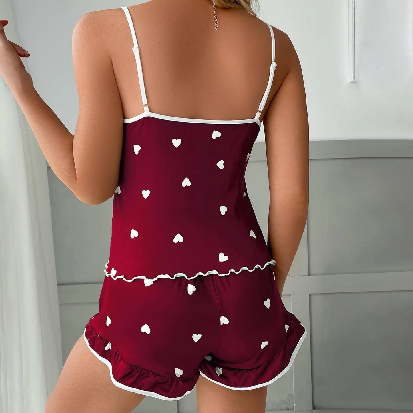 Two Piece Set Ladies Summer Ice Silk Camisole Shorts Pajamas Women's Fashion Soft Sexy Cute Floral Elastic Suspenders Homewear - lobbol