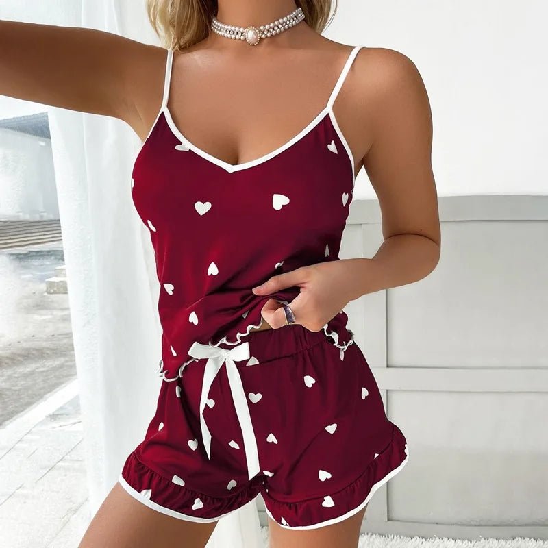 Two Piece Set Ladies Summer Ice Silk Camisole Shorts Pajamas Women's Fashion Soft Sexy Cute Floral Elastic Suspenders Homewear - lobbol