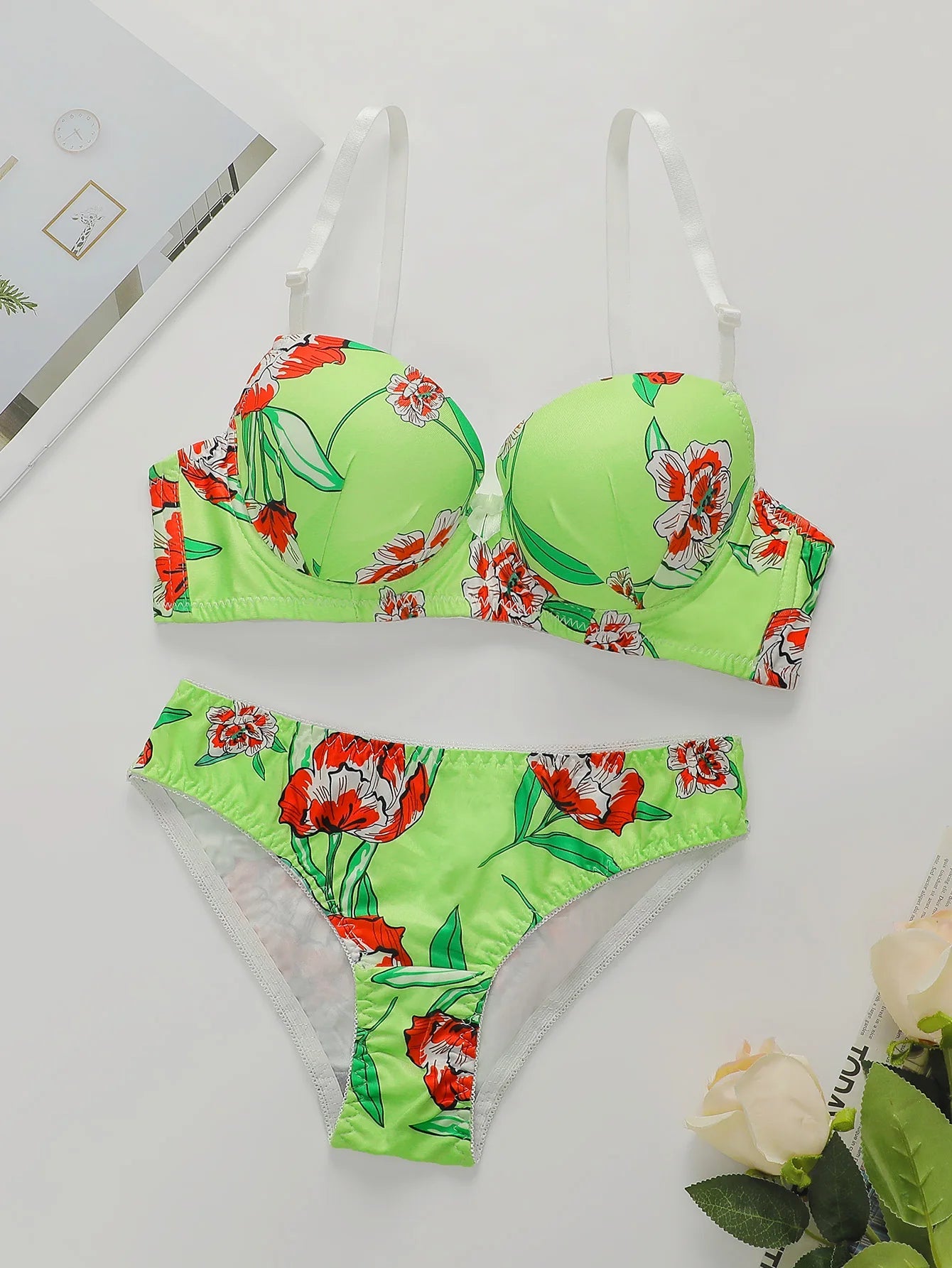 Viomisha Multicolour Women Sexy Lingerie Set with Steel Ring and Romantic Floral Prints Female Push Up Bra Lady Underwear Panty - lobbol
