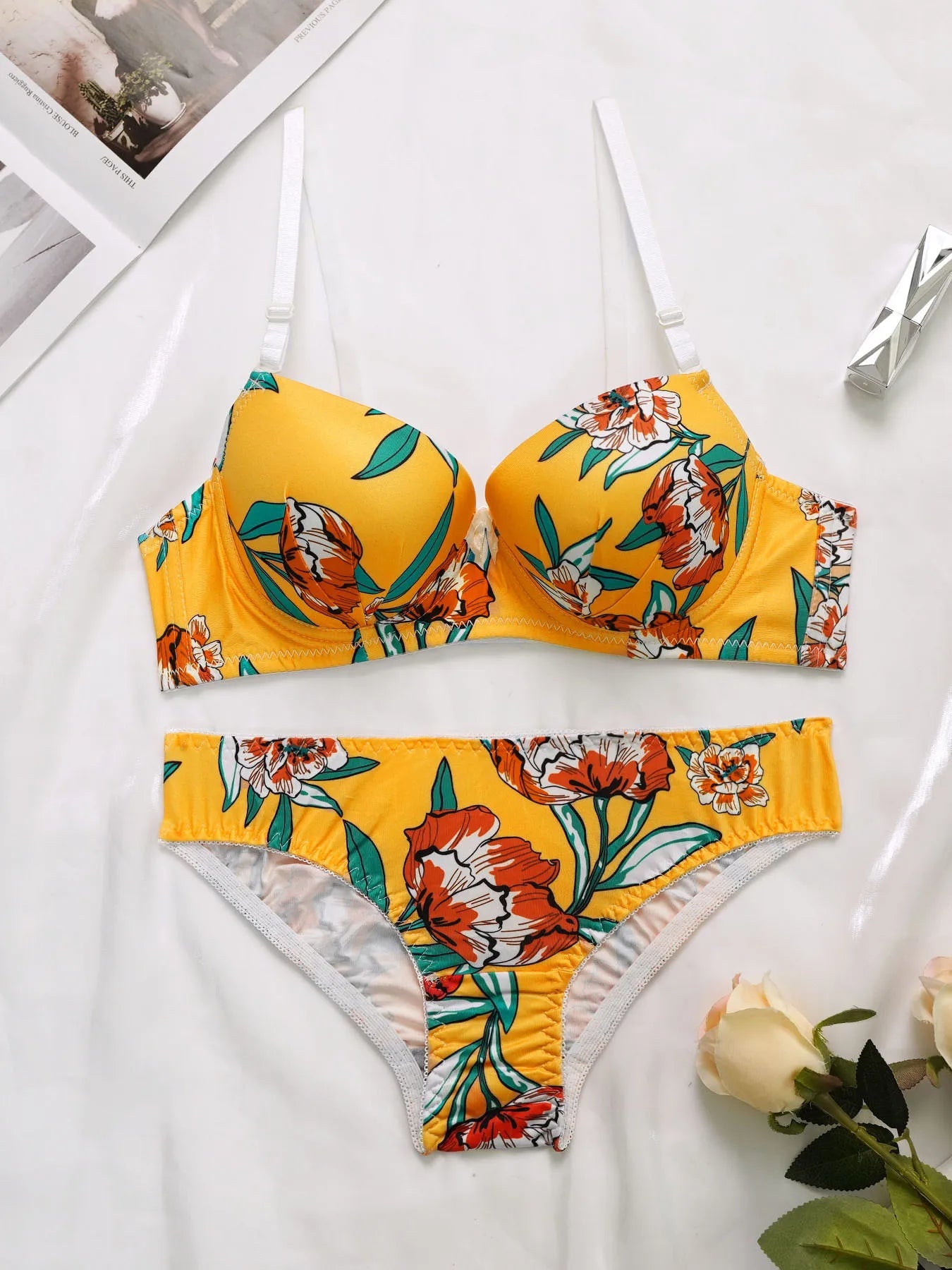 Viomisha Multicolour Women Sexy Lingerie Set with Steel Ring and Romantic Floral Prints Female Push Up Bra Lady Underwear Panty - lobbol