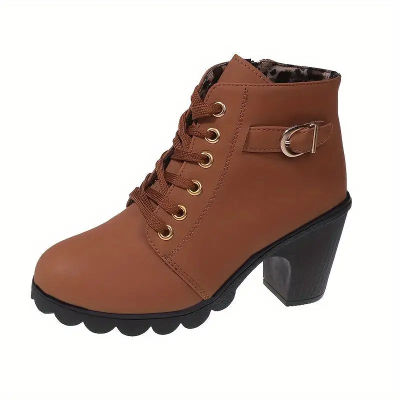 Women's Block Heeled Short Boots, Casual Lace Up Side Zipper Boots, Comfortable Ankle Boots - lobbol