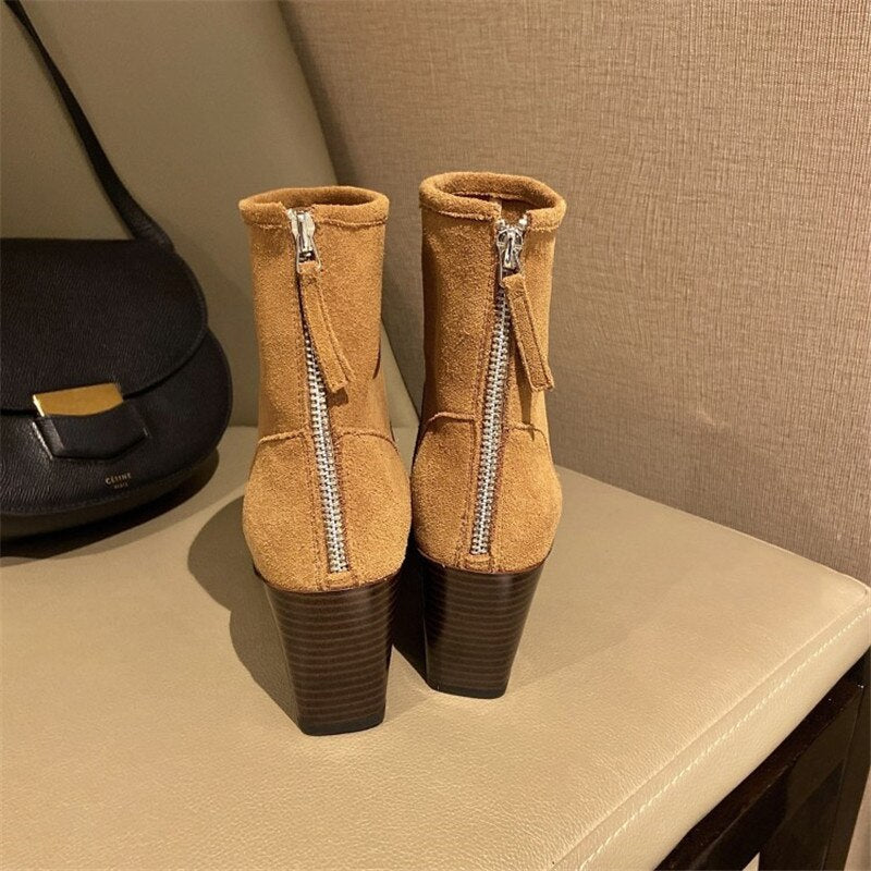 Zapatos de tacón grueso de cuero de gamuza, - lobbol