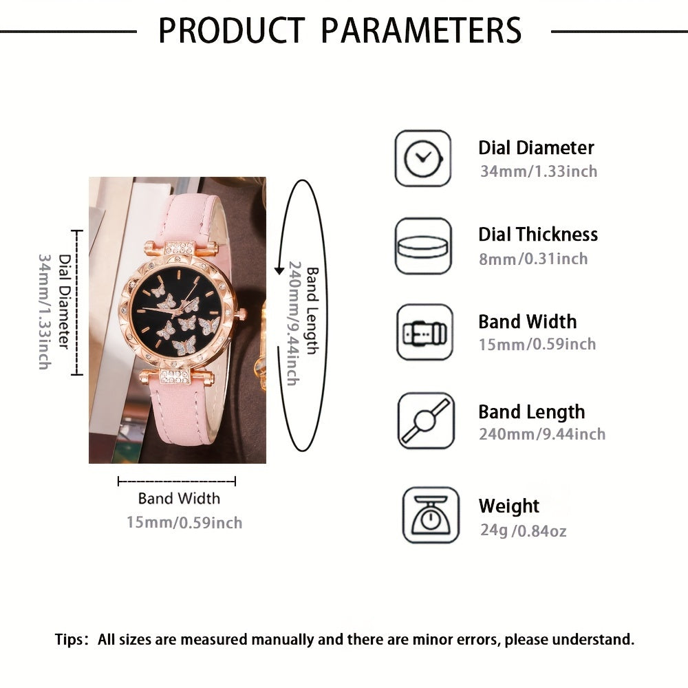 6 Pcs Pink Quartz Watches PU Leather Strap Zinc Alloy Pointer Zinc Alloy Dial And Butterfly Jewelry Gifts For Mother's Day, Easter, Ramadan, Birthdays