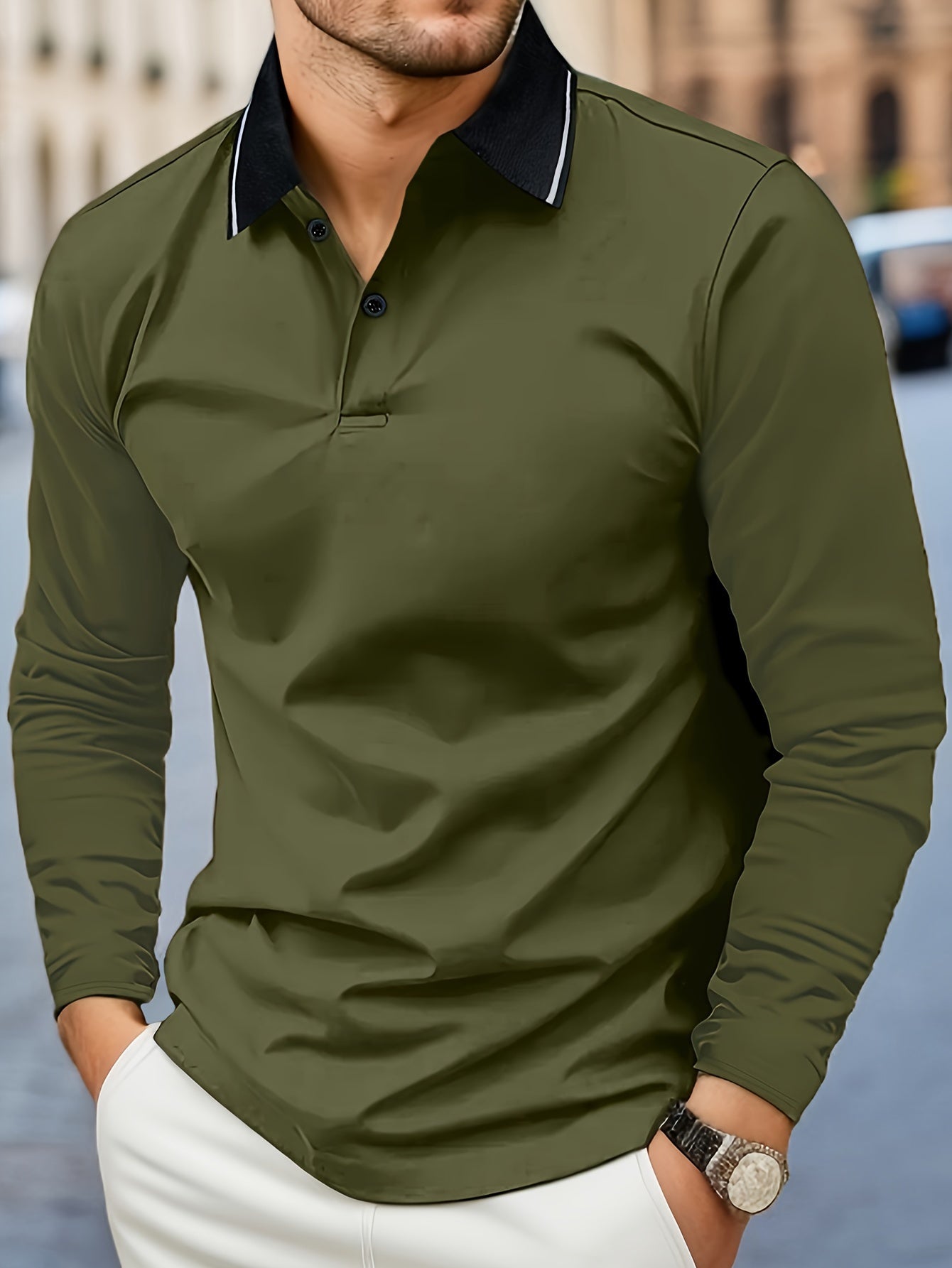 Men's Casual V-Neck Long Sleeve Rugby Shirt For Spring Autumn, Men's Clothing