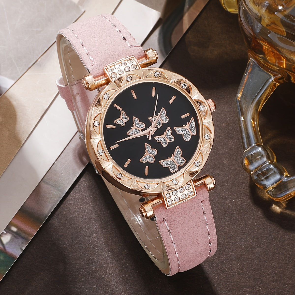 6 Pcs Pink Quartz Watches PU Leather Strap Zinc Alloy Pointer Zinc Alloy Dial And Butterfly Jewelry Gifts For Mother's Day, Easter, Ramadan, Birthdays