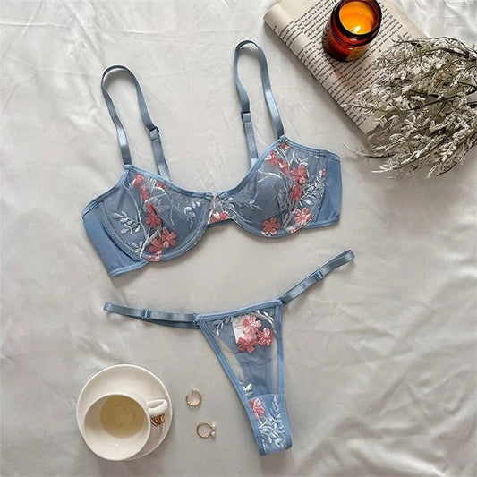 2024 New Fun Underwear Sexy Women's Lace Embroidered Printed Underwear Two Piece Set - lobbol
