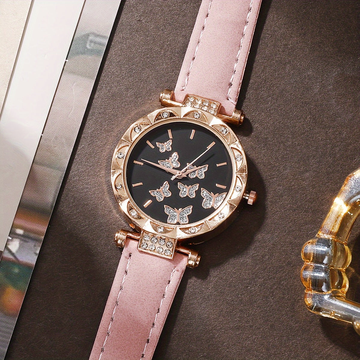 6 Pcs Pink Quartz Watches PU Leather Strap Zinc Alloy Pointer Zinc Alloy Dial And Butterfly Jewelry Gifts For Mother's Day, Easter, Ramadan, Birthdays