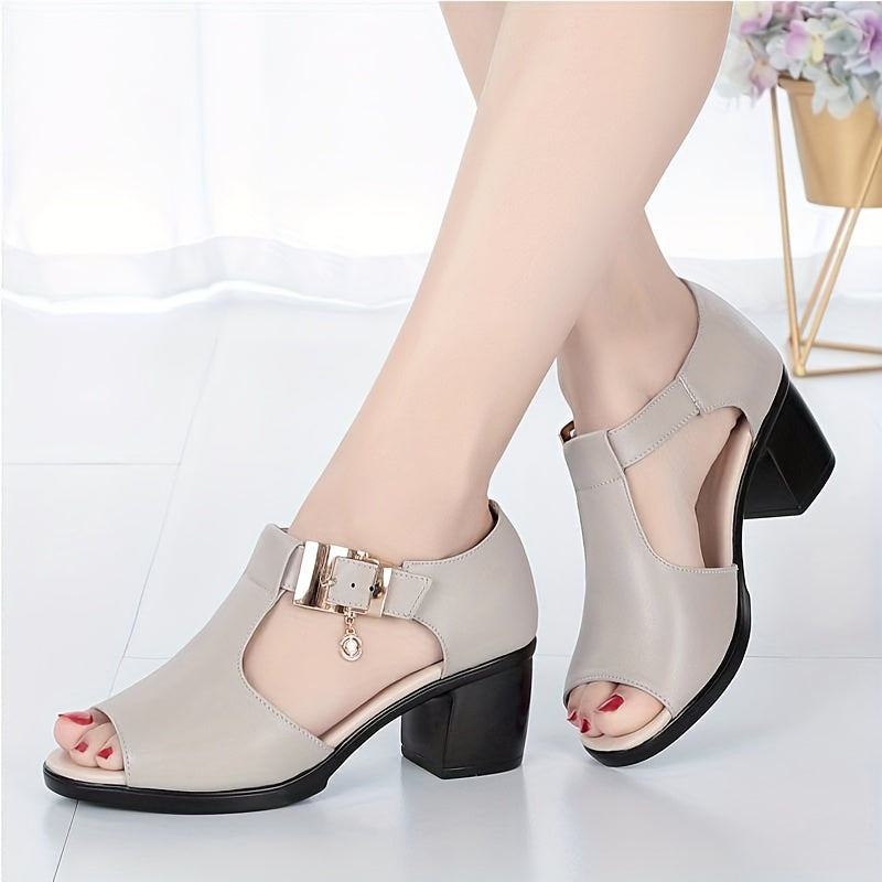 Women's Chunky Mid Heeled Sandals, Peep Toe Buckle Strap Outdoor Shoes, Versatile Summer Casual Sandals