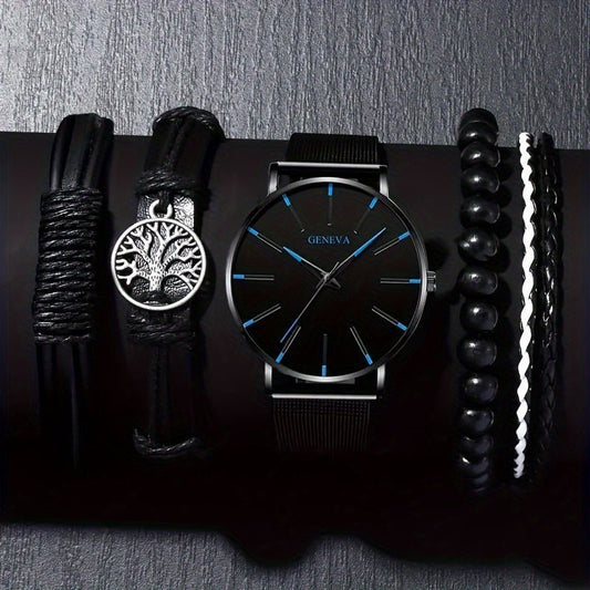 5 unids/set, conjunto de pulsera y reloj de cuarzo con correa de acero inoxidable informal para hombre, elección perfecta para negocios y deportes - lobbol