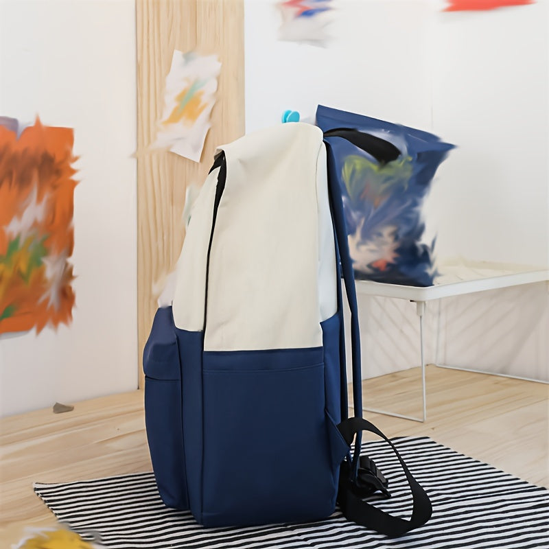 Cartoon Cat Print Contrast Color Backpack With Matching Tote, Pencil Case & Wallet, Durable Travel And School Bag Combo