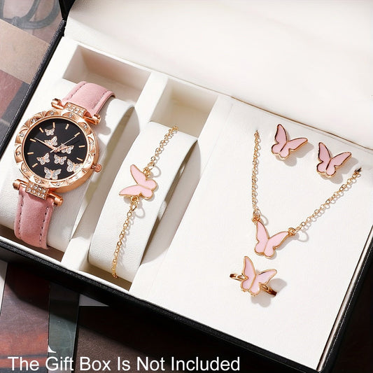 6 Pcs Pink Quartz Watches PU Leather Strap Zinc Alloy Pointer Zinc Alloy Dial And Butterfly Jewelry Gifts For Mother's Day, Easter, Ramadan, Birthdays - lobbol