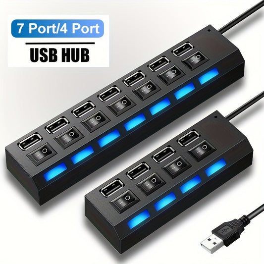 7 Ports/ 4 Ports LED USB 2.0 Adapter Hub Power On/ Off Switch For PC Laptop Computer - lobbol