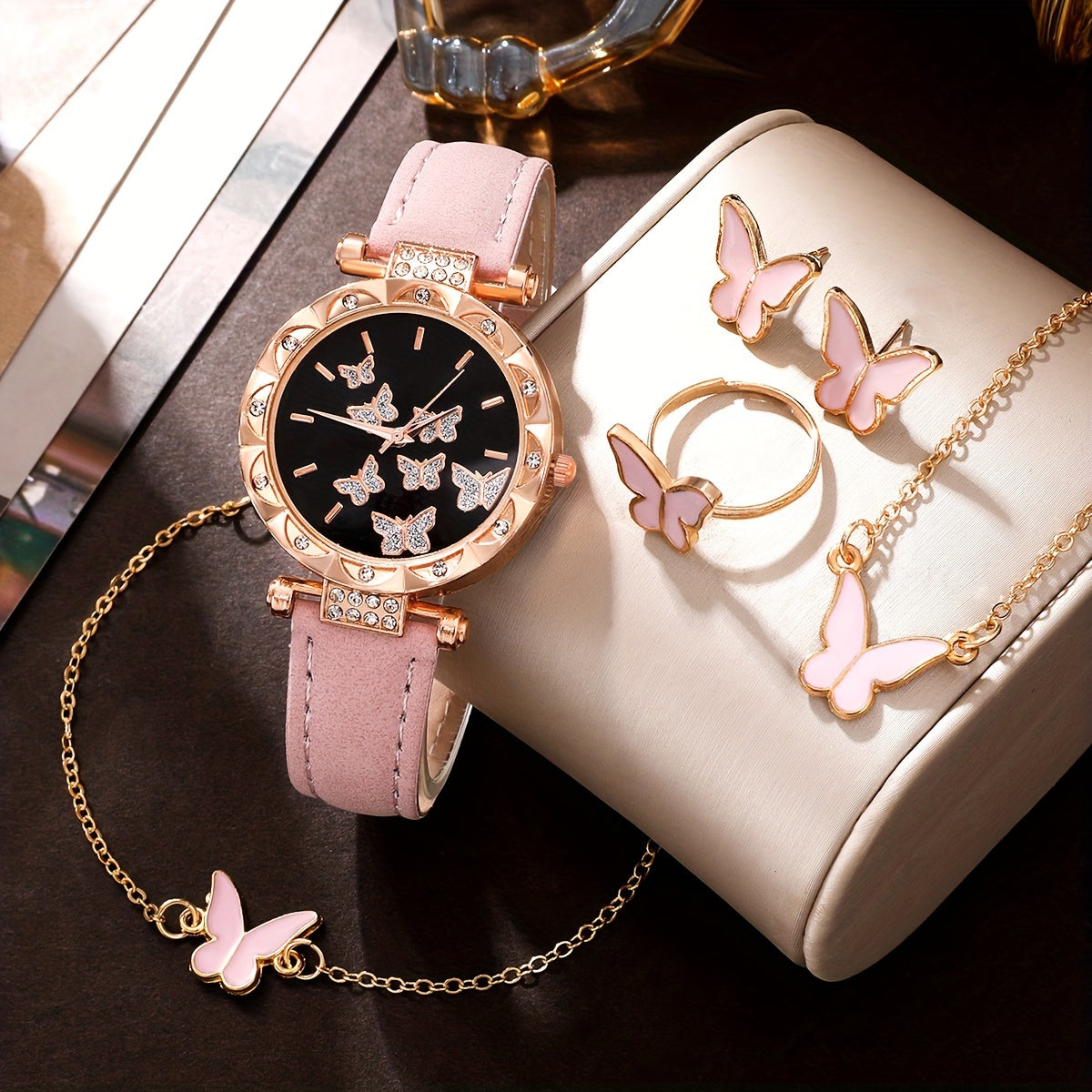 6 Pcs Pink Quartz Watches PU Leather Strap Zinc Alloy Pointer Zinc Alloy Dial And Butterfly Jewelry Gifts For Mother's Day, Easter, Ramadan, Birthdays