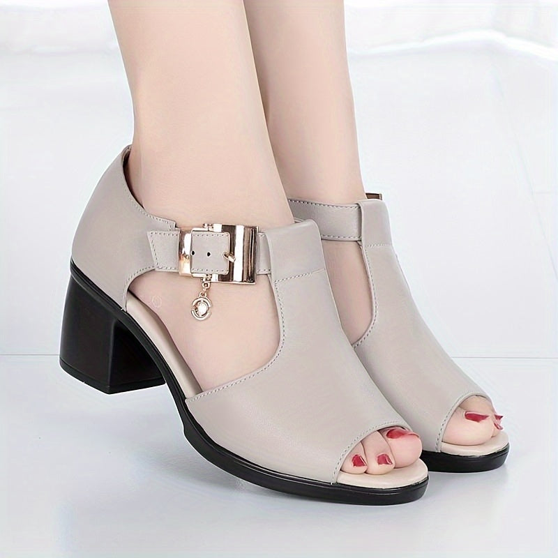 Women's Chunky Mid Heeled Sandals, Peep Toe Buckle Strap Outdoor Shoes, Versatile Summer Casual Sandals