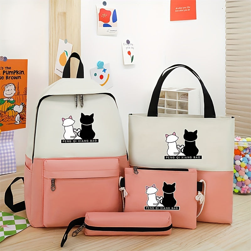 Cartoon Cat Print Contrast Color Backpack With Matching Tote, Pencil Case & Wallet, Durable Travel And School Bag Combo