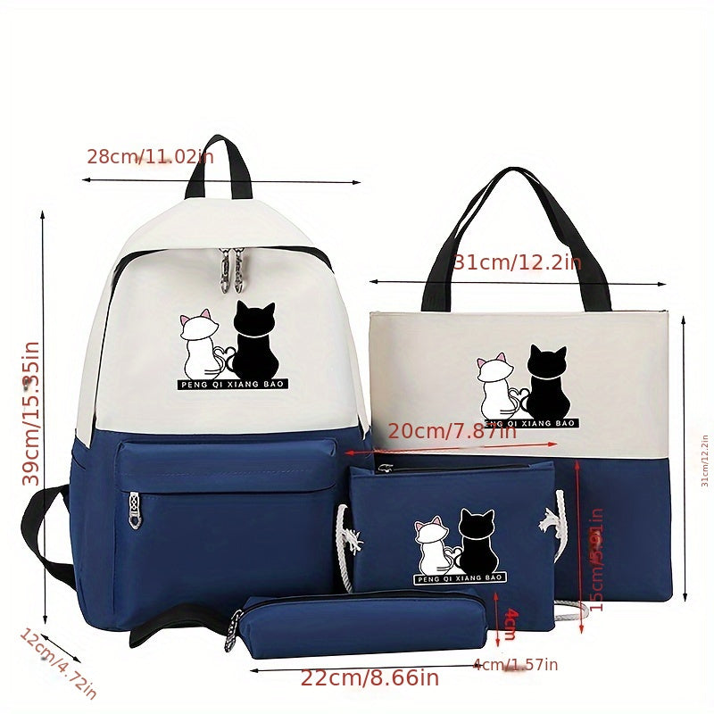 Cartoon Cat Print Contrast Color Backpack With Matching Tote, Pencil Case & Wallet, Durable Travel And School Bag Combo