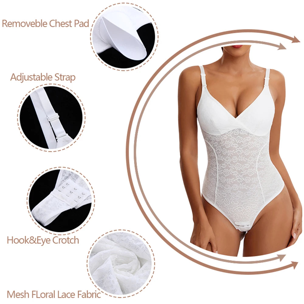 Body con Tanga de encaje con cuello en V para mujer, Top Sexy con tirantes, Control de barriga, moldeador de cuerpo sin entrepierna, ropa moldeadora, almohadilla para el pecho extraíble