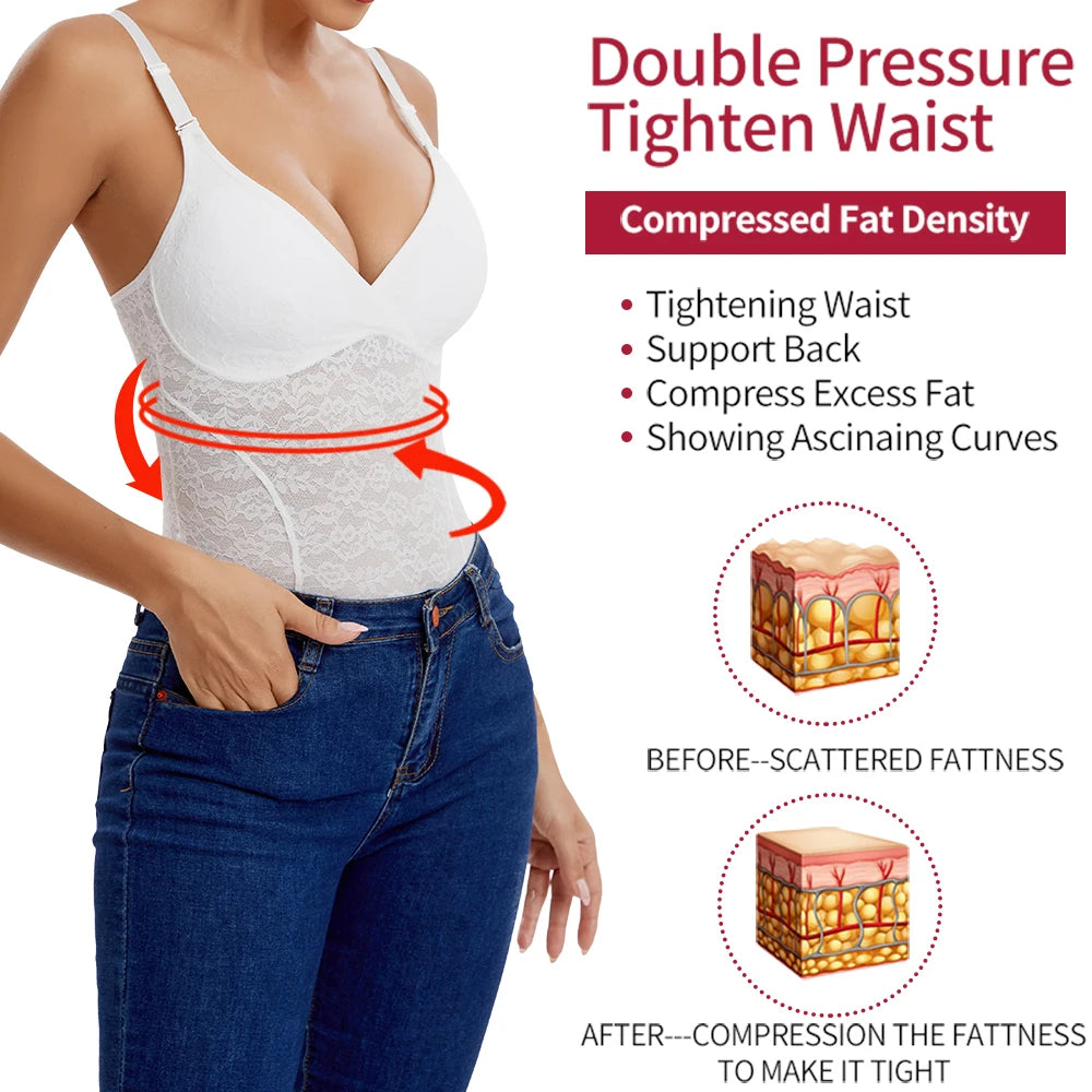 Body con Tanga de encaje con cuello en V para mujer, Top Sexy con tirantes, Control de barriga, moldeador de cuerpo sin entrepierna, ropa moldeadora, almohadilla para el pecho extraíble