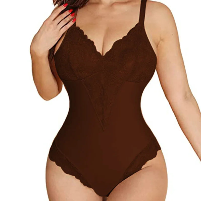 Body moldeador de encaje sin costuras con cuello en V, Body Sexy con tirantes, ropa interior moldeadora de cuerpo, tela de nailon para verano y otoño