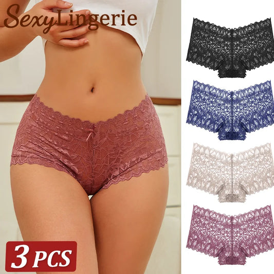 3 uds bragas cortas de encaje para mujer, ropa interior Sexy mentrual de tiro bajo, calzoncillos florales de moda, bragas sexis para mujer, lencería para mujer