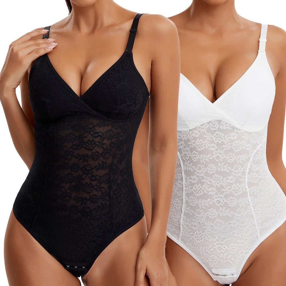 Body con Tanga de encaje con cuello en V para mujer, Top Sexy con tirantes, Control de barriga, moldeador de cuerpo sin entrepierna, ropa moldeadora, almohadilla para el pecho extraíble