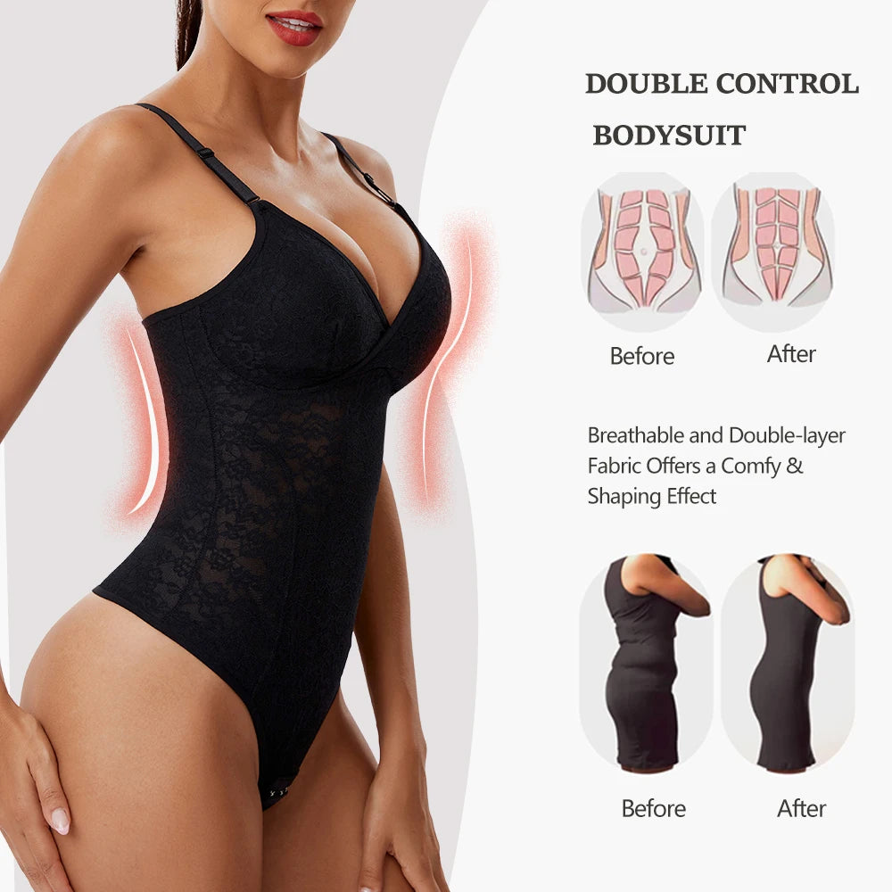Body con Tanga de encaje con cuello en V para mujer, Top Sexy con tirantes, Control de barriga, moldeador de cuerpo sin entrepierna, ropa moldeadora, almohadilla para el pecho extraíble