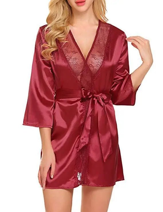 Bata de satén de encaje Sexy para mujer, ropa de dormir, camisón corto, Kimono, albornoz, lencería, camisón, vestido suave y cómodo negro de talla grande - lobbol