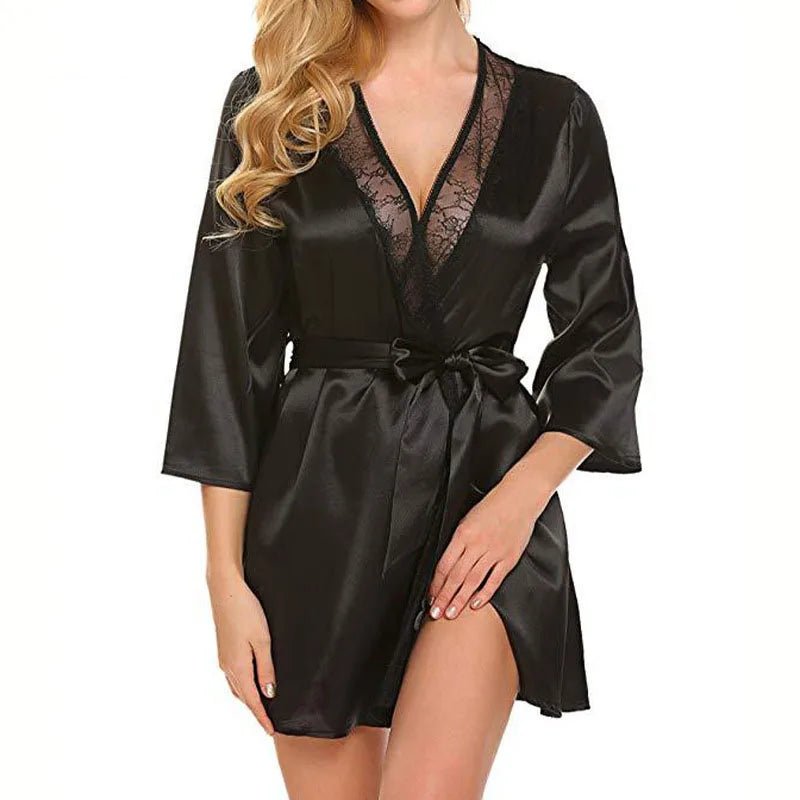 Bata de satén de encaje Sexy para mujer, ropa de dormir, camisón corto, Kimono, albornoz, lencería, camisón, vestido suave y cómodo negro de talla grande - lobbol