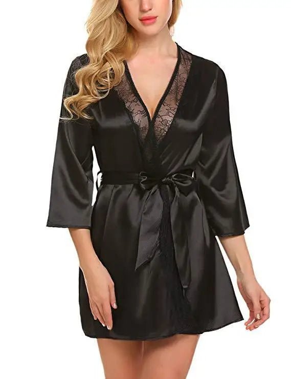 Bata de satén de encaje Sexy para mujer, ropa de dormir, camisón corto, Kimono, albornoz, lencería, camisón, vestido suave y cómodo negro de talla grande - lobbol