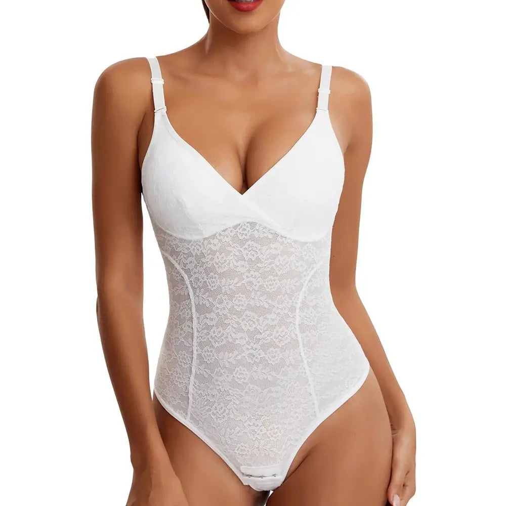 Body con Tanga de encaje con cuello en V para mujer, Top Sexy con tirantes, Control de barriga, moldeador de cuerpo sin entrepierna, ropa moldeadora, almohadilla para el pecho extraíble - lobbol